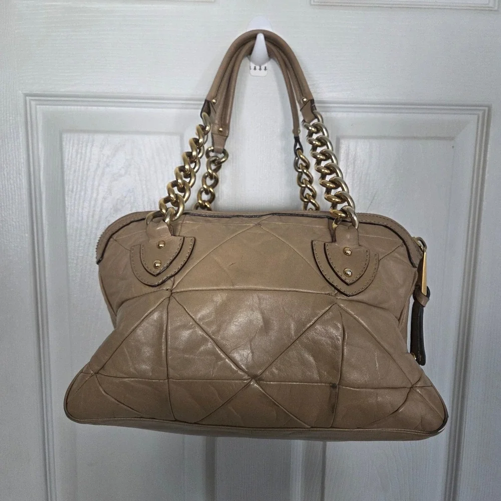 Marc Jacobs Quilted Leather Satchel Bag Tan‎ Beige Gold Chain Italian Designer